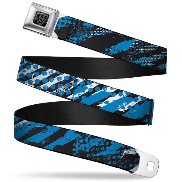 buckle down BD Wings Logo CLOSE-UP Full Color Black Silver Seatbelt Belt - Grunge Tread Blue Webbing