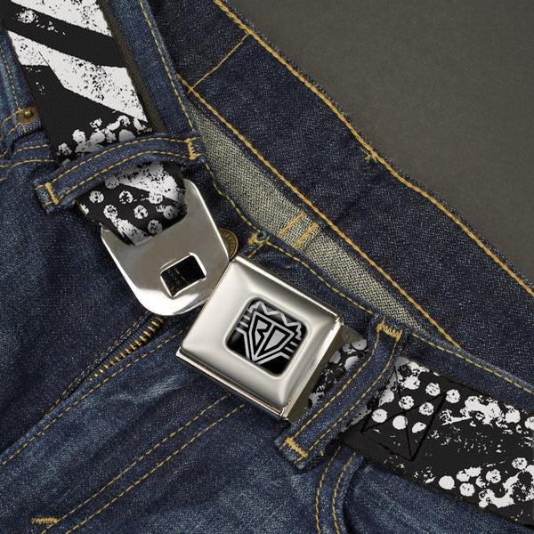 Buckle Down BD Wings Logo CLOSE-UP Full Color Black Silver Seatbelt Belt - Grunge Tread Black/White Webbing