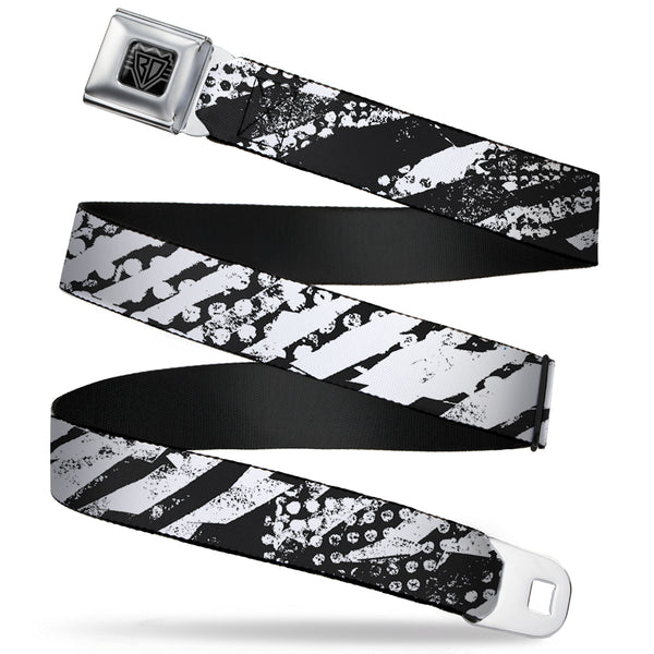buckle down BD Wings Logo CLOSE-UP Full Color Black Silver Seatbelt Belt - Grunge Tread Black/White Webbing