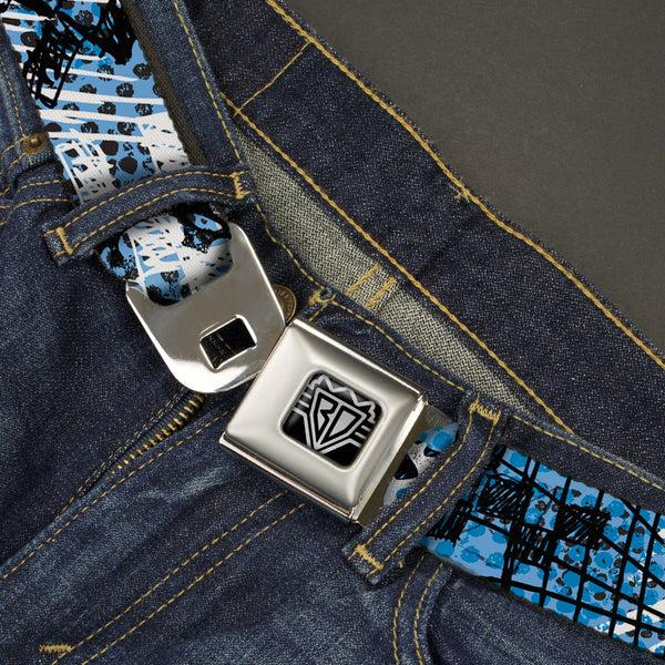 Buckle Down BD Wings Logo CLOSE-UP Full Color Black Silver Seatbelt Belt - Grunge Gears Blue Webbing