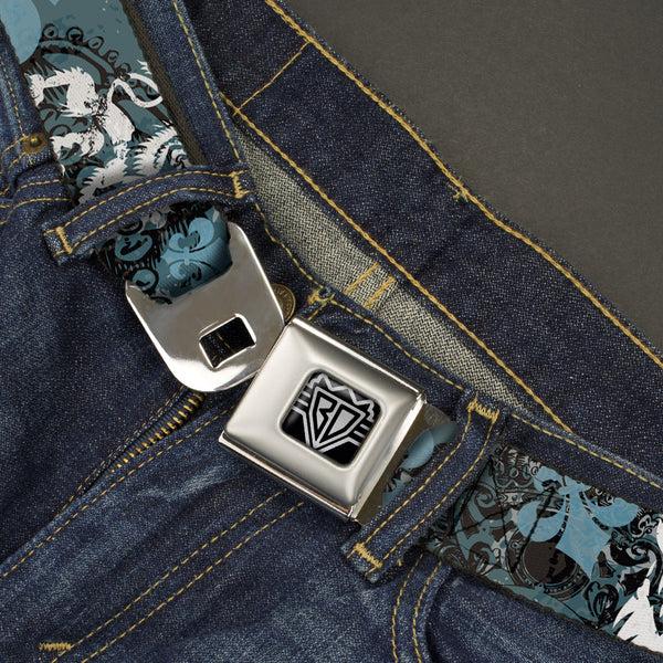 Buckle Down BD Wings Logo CLOSE-UP Full Color Black Silver Seatbelt Belt - Gothic 8 Webbing