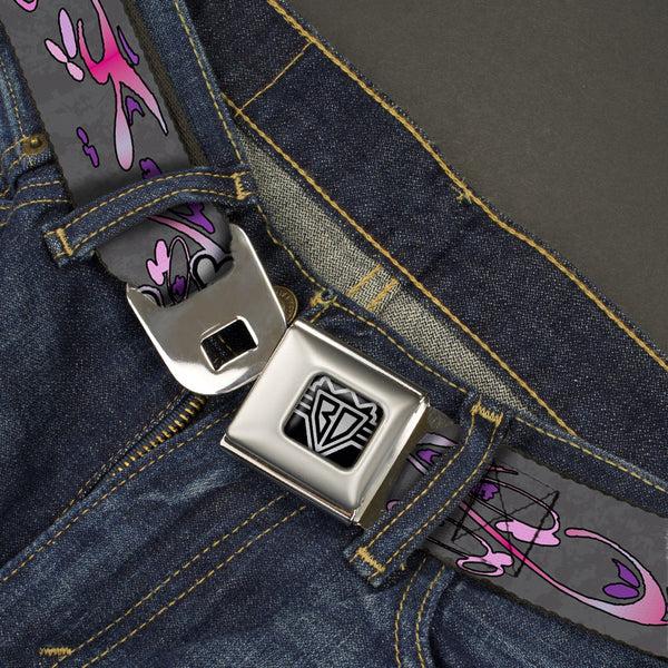 Buckle Down BD Wings Logo CLOSE-UP Full Color Black Silver Seatbelt Belt - Girlie Skull Gray Webbing