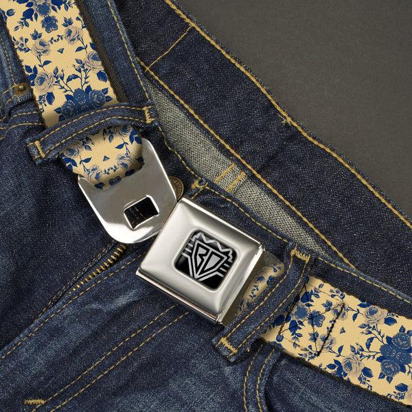 Buckle Down BD Wings Logo CLOSE-UP Full Color Black Silver Seatbelt Belt - Floral Collage Tan/Blue Webbing