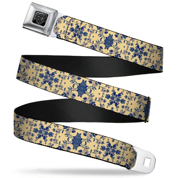 buckle down BD Wings Logo CLOSE-UP Full Color Black Silver Seatbelt Belt - Floral Collage Tan/Blue Webbing