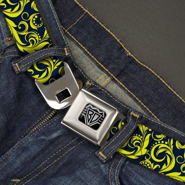 Buckle Down BD Wings Logo CLOSE-UP Full Color Black Silver Seatbelt Belt - Filigree Navy/Yellow Webbing
