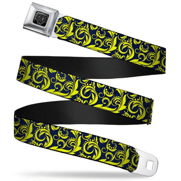 buckle down BD Wings Logo CLOSE-UP Full Color Black Silver Seatbelt Belt - Filigree Navy/Yellow Webbing