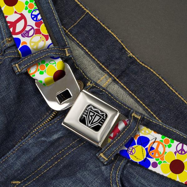 Buckle Down BD Wings Logo CLOSE-UP Full Color Black Silver Seatbelt Belt - Flower Peace Power Webbing