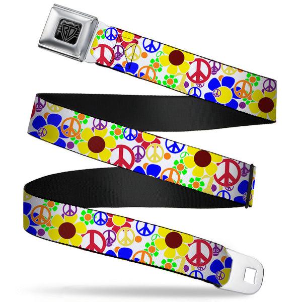 buckle down BD Wings Logo CLOSE-UP Full Color Black Silver Seatbelt Belt - Flower Peace Power Webbing