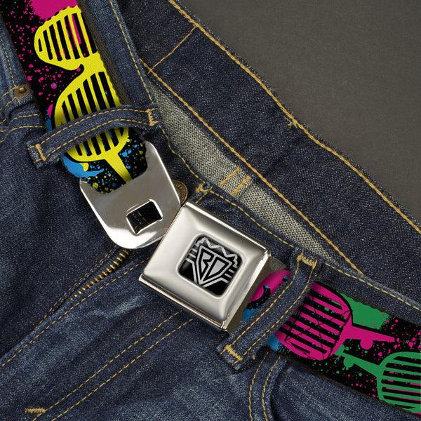 Buckle Down BD Wings Logo CLOSE-UP Full Color Black Silver Seatbelt Belt - Eighties Shades Splatter Black/Neon Webbing