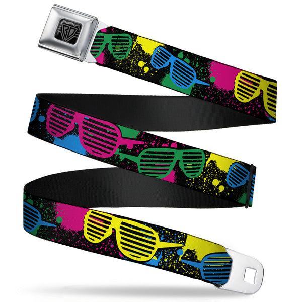 buckle down BD Wings Logo CLOSE-UP Full Color Black Silver Seatbelt Belt - Eighties Shades Splatter Black/Neon Webbing