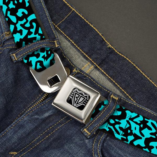 Buckle Down BD Wings Logo CLOSE-UP Full Color Black Silver Seatbelt Belt - Eighties 1 Blue/Black Webbing