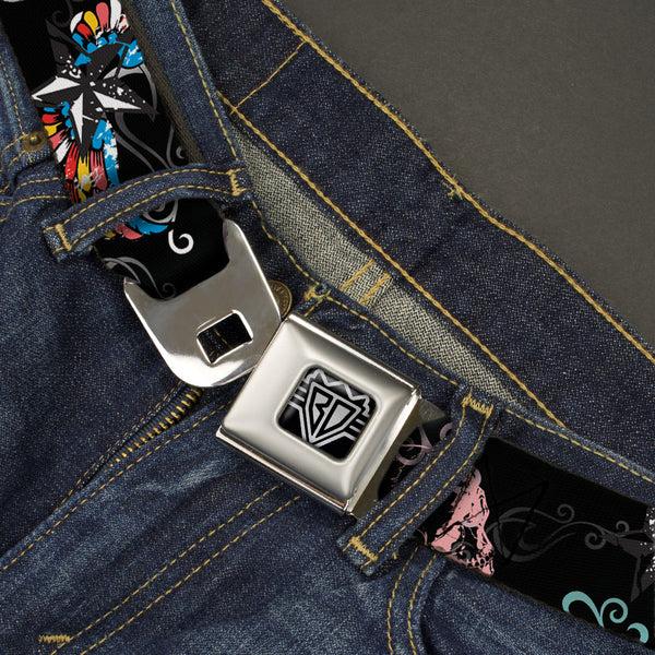 Buckle Down BD Wings Logo CLOSE-UP Full Color Black Silver Seatbelt Belt - Die Hard Skulls & Stars2 Black/Multi Color Webbing