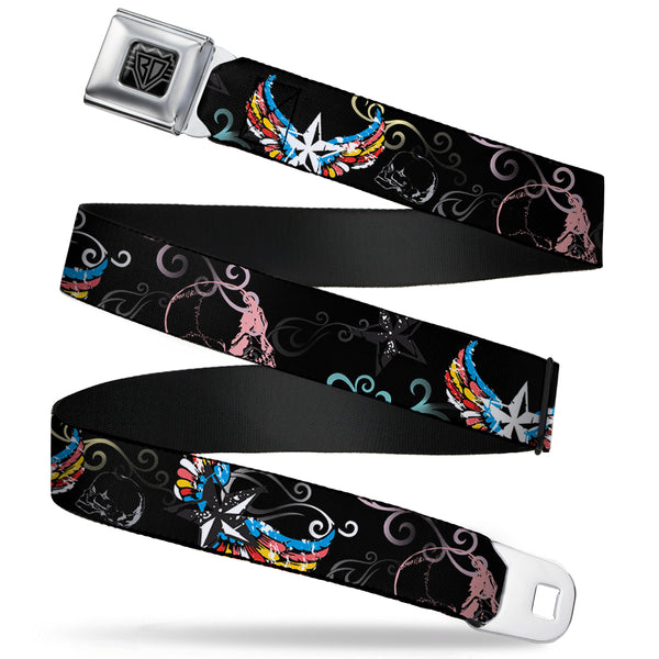 buckle down BD Wings Logo CLOSE-UP Full Color Black Silver Seatbelt Belt - Die Hard Skulls & Stars2 Black/Multi Color Webbing