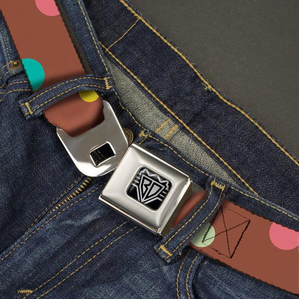 Buckle Down BD Wings Logo CLOSE-UP Full Color Black Silver Seatbelt Belt - Dots Brown/Multi Pastel Webbing