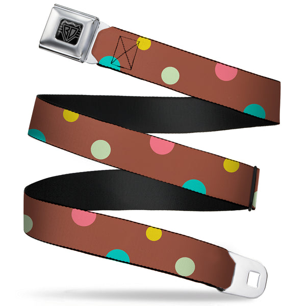 buckle down BD Wings Logo CLOSE-UP Full Color Black Silver Seatbelt Belt - Dots Brown/Multi Pastel Webbing