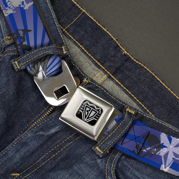 Buckle Down BD Wings Logo CLOSE-UP Full Color Black Silver Seatbelt Belt - Die Hard Skulls & Stars1 Blue/Grays Webbing