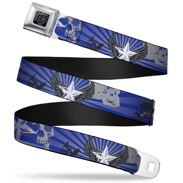 buckle down BD Wings Logo CLOSE-UP Full Color Black Silver Seatbelt Belt - Die Hard Skulls & Stars1 Blue/Grays Webbing