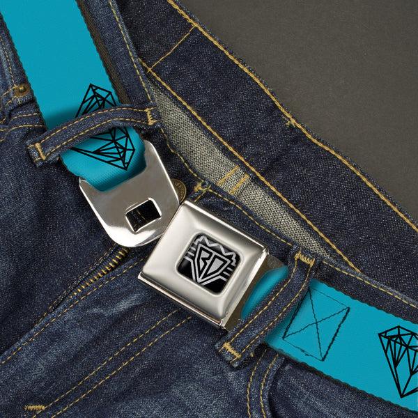 Buckle Down BD Wings Logo CLOSE-UP Full Color Black Silver Seatbelt Belt - Diamond Sketch Turquoise/Black Webbing