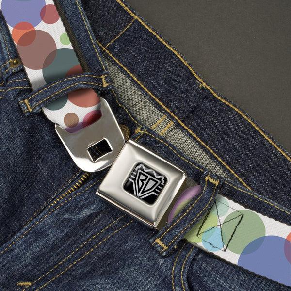 Buckle Down BD Wings Logo CLOSE-UP Full Color Black Silver Seatbelt Belt - Dots White/Transparent Multi Color Webbing