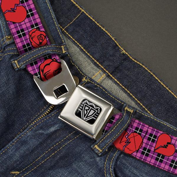 Buckle Down BD Wings Logo CLOSE-UP Full Color Black Silver Seatbelt Belt - Broken Hearts & Roses W/Fuchsia Plaid Webbing