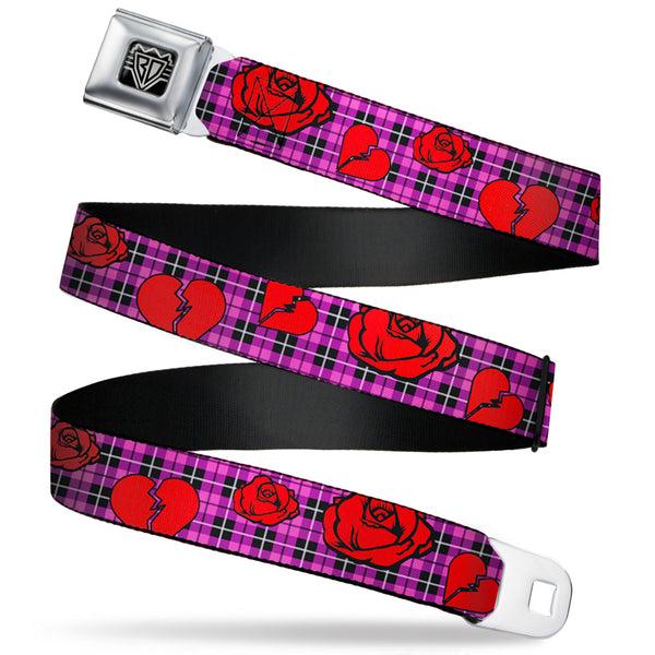 buckle down BD Wings Logo CLOSE-UP Full Color Black Silver Seatbelt Belt - Broken Hearts & Roses w/Fuchsia Plaid Webbing