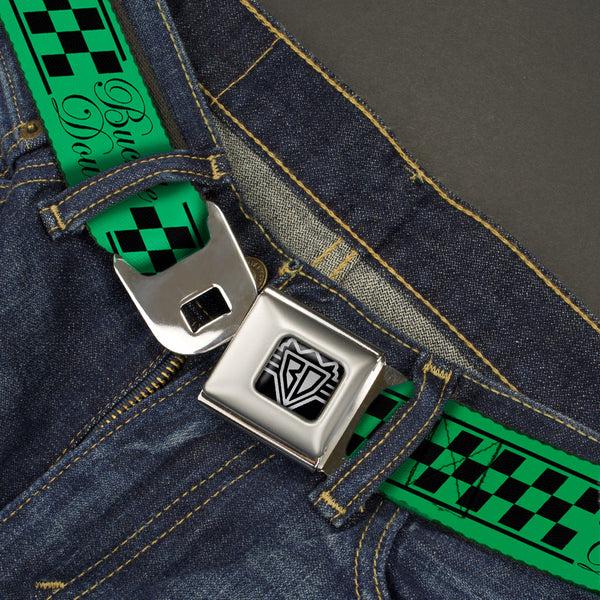 Buckle Down BD Wings Logo CLOSE-UP Full Color Black Silver Seatbelt Belt - Buckle-Down Cab Stripe Green/Yellow Fade Webbing