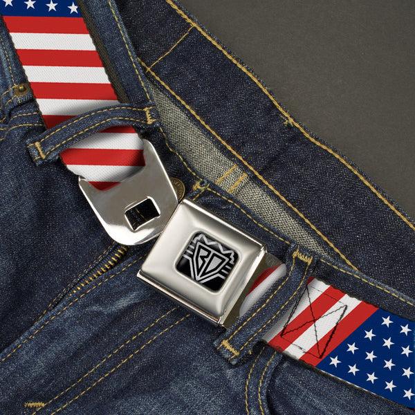 Buckle Down BD Wings Logo CLOSE-UP Full Color Black Silver Seatbelt Belt - American Flag Diagonal Webbing