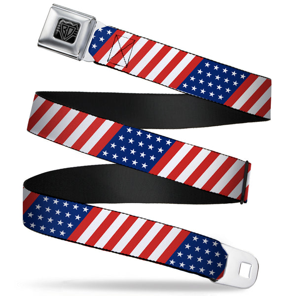 buckle down BD Wings Logo CLOSE-UP Full Color Black Silver Seatbelt Belt - American Flag Diagonal Webbing