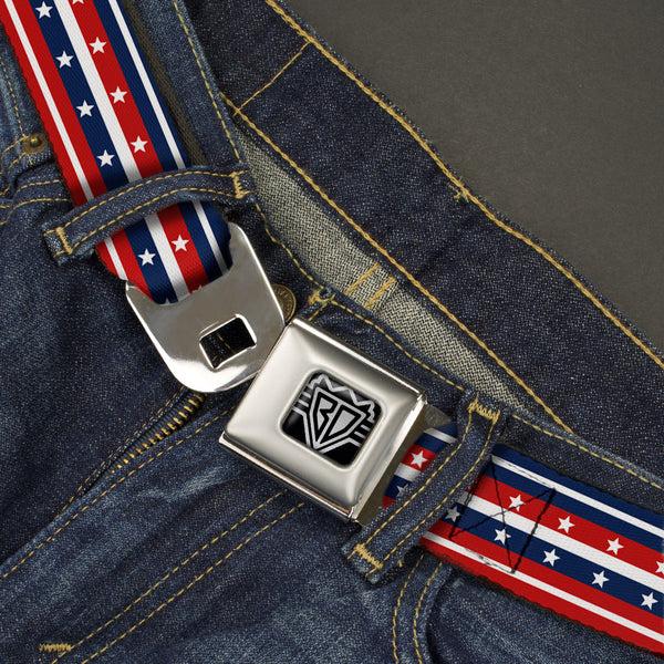 Buckle Down BD Wings Logo CLOSE-UP Full Color Black Silver Seatbelt Belt - Americana Stripe W/Stars2 Blue/Red/White Webbing