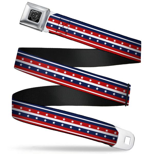 buckle down BD Wings Logo CLOSE-UP Full Color Black Silver Seatbelt Belt - Americana Stripe w/Stars2 Blue/Red/White Webbing