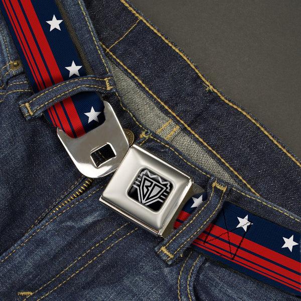 Buckle Down BD Wings Logo CLOSE-UP Full Color Black Silver Seatbelt Belt - Americana Stars & Stripes4 Blue/White/Red Webbing