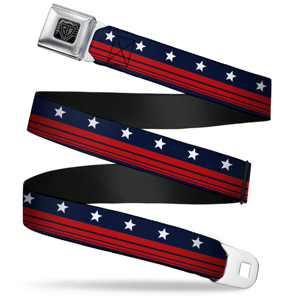 buckle down BD Wings Logo CLOSE-UP Full Color Black Silver Seatbelt Belt - Americana Stars & Stripes4 Blue/White/Red Webbing