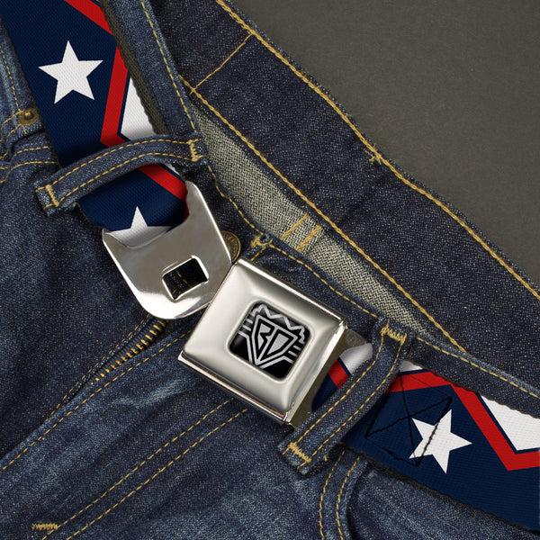 Buckle Down BD Wings Logo CLOSE-UP Full Color Black Silver Seatbelt Belt - American Chevron & Stripes White/Red/Blue Webbing