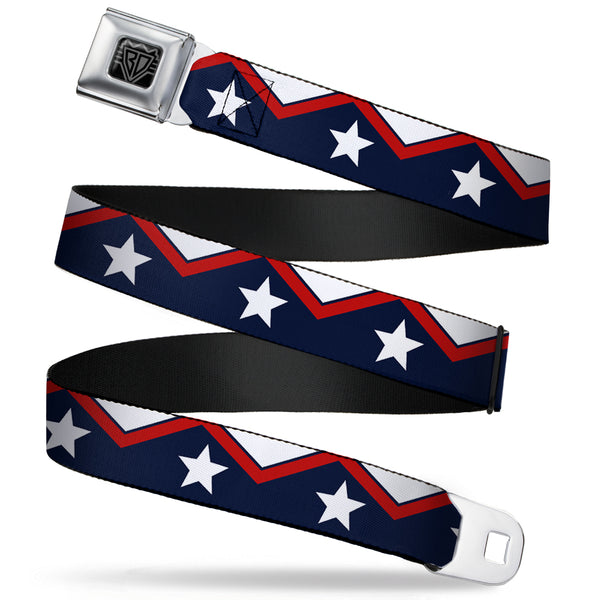 buckle down BD Wings Logo CLOSE-UP Full Color Black Silver Seatbelt Belt - American Chevron & Stripes White/Red/Blue Webbing