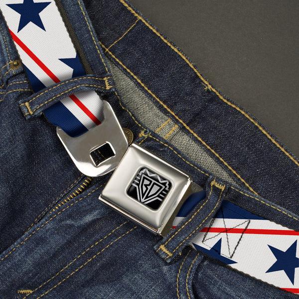 Buckle Down BD Wings Logo CLOSE-UP Full Color Black Silver Seatbelt Belt - Americana Diagonal Stars & Stripes White/Red/Blue Webbing