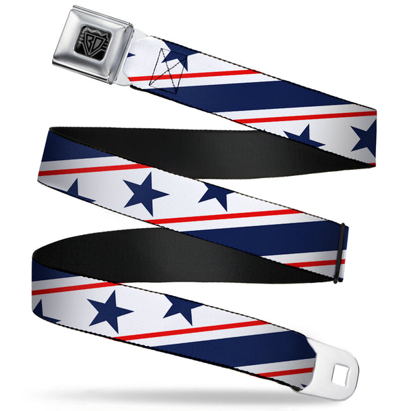 buckle down BD Wings Logo CLOSE-UP Full Color Black Silver Seatbelt Belt - Americana Diagonal Stars & Stripes White/Red/Blue Webbing