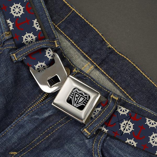 Buckle Down BD Wings Logo CLOSE-UP Full Color Black Silver Seatbelt Belt - Anchor3/Helm Monogram Navy/Red/Cream Webbing