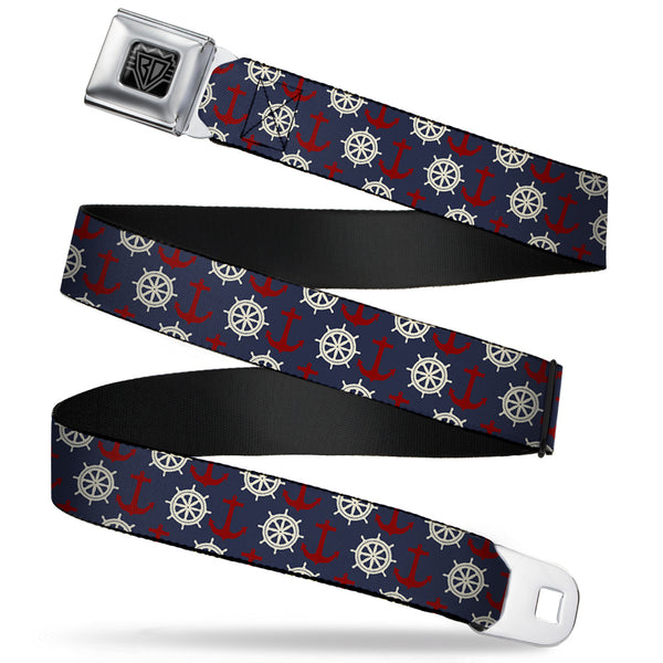 buckle down BD Wings Logo CLOSE-UP Full Color Black Silver Seatbelt Belt - Anchor3/Helm Monogram Navy/Red/Cream Webbing