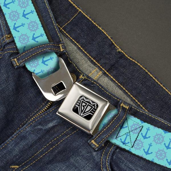 Buckle Down BD Wings Logo CLOSE-UP Full Color Black Silver Seatbelt Belt - Anchor2/Helm Monogram Blues Webbing