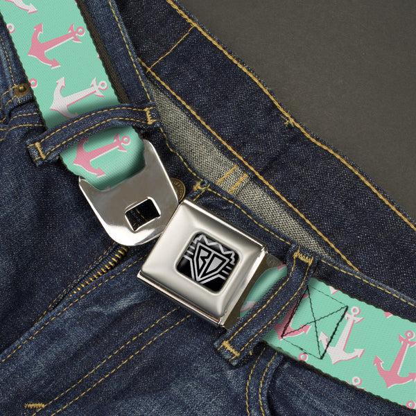 Buckle Down BD Wings Logo CLOSE-UP Full Color Black Silver Seatbelt Belt - Anchor2 CLOSE-UP Green/Pink/White Webbing