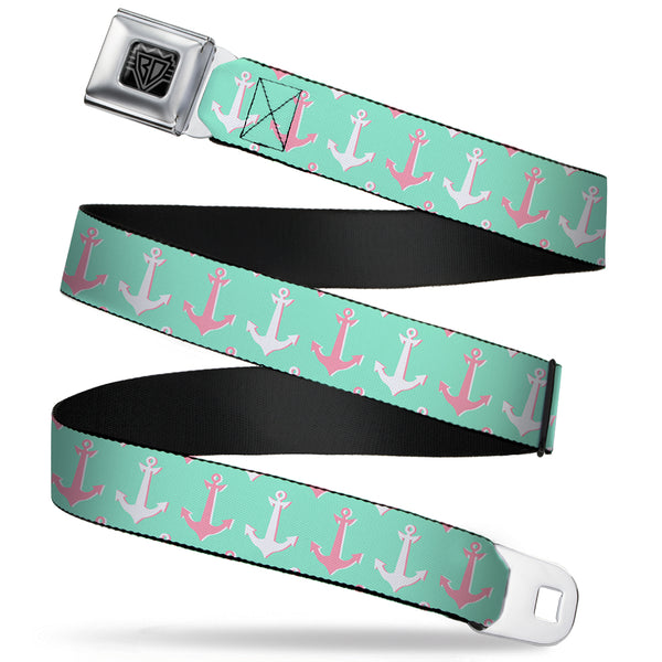 buckle down BD Wings Logo CLOSE-UP Full Color Black Silver Seatbelt Belt - Anchor2 CLOSE-UP Green/Pink/White Webbing