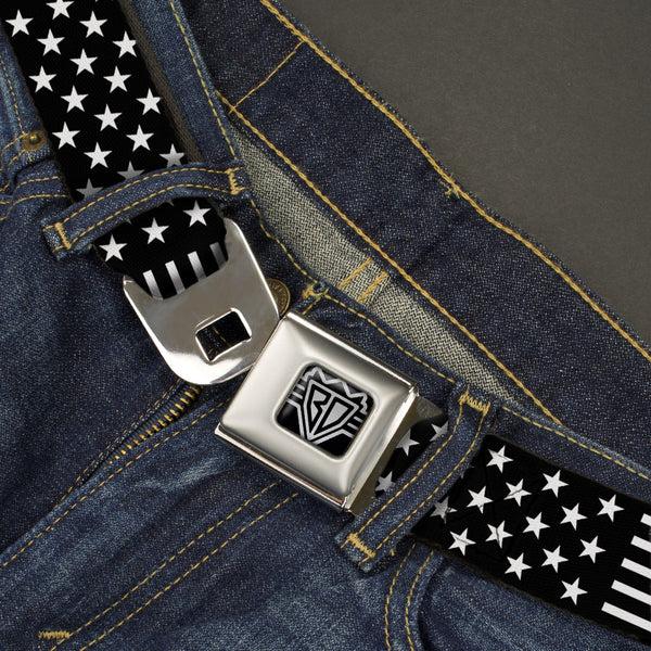 Buckle Down BD Wings Logo CLOSE-UP Full Color Black Silver Seatbelt Belt - Americana Stars & Stripes2 Black/White Webbing