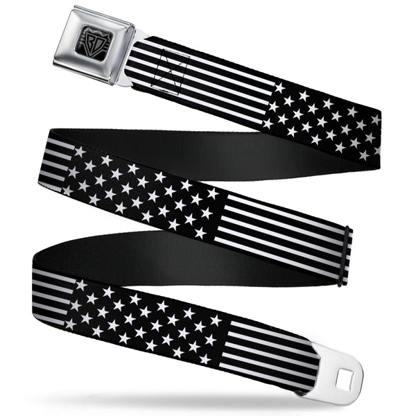 buckle down BD Wings Logo CLOSE-UP Full Color Black Silver Seatbelt Belt - Americana Stars & Stripes2 Black/White Webbing