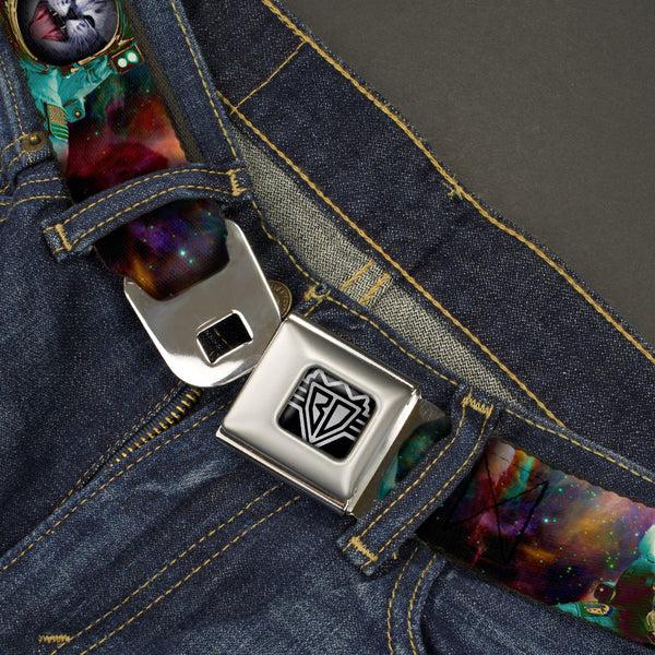 Buckle Down BD Wings Logo CLOSE-UP Full Color Black Silver Seatbelt Belt - Astronaut Cat In Space Webbing