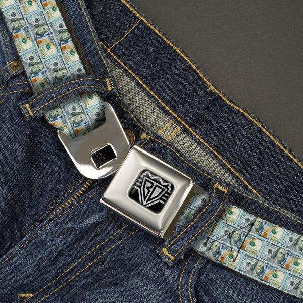 Buckle Down BD Wings Logo CLOSE-UP Full Color Black Silver Seatbelt Belt - 100 Dollar Bill Series 2009 Repeat Webbing