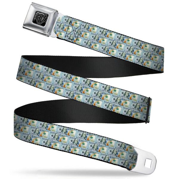 buckle down BD Wings Logo CLOSE-UP Full Color Black Silver Seatbelt Belt - 100 Dollar Bill Series 2009 Repeat Webbing