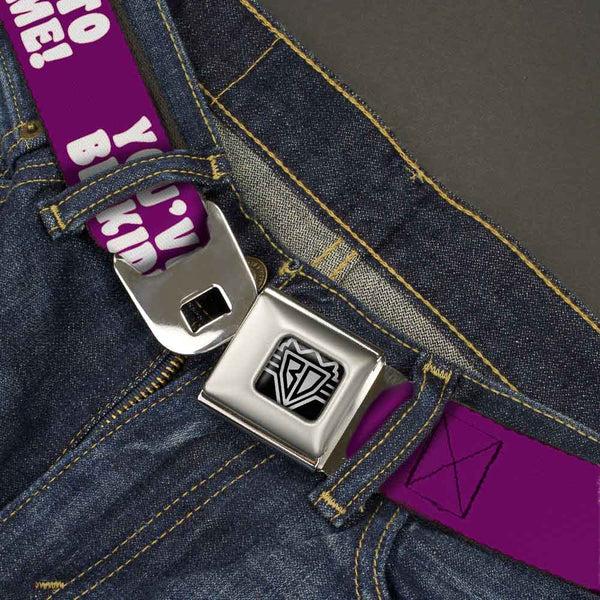 Buckle Down BD Wings Logo CLOSE-UP Full Color Black Silver Seatbelt Belt - YOU'VE GOT TO BE KIDDING ME Purple/White Webbing