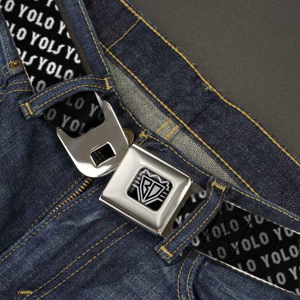 Buckle Down BD Wings Logo CLOSE-UP Full Color Black Silver Seatbelt Belt - YOLO Diagonal Black/Gray/White Webbing