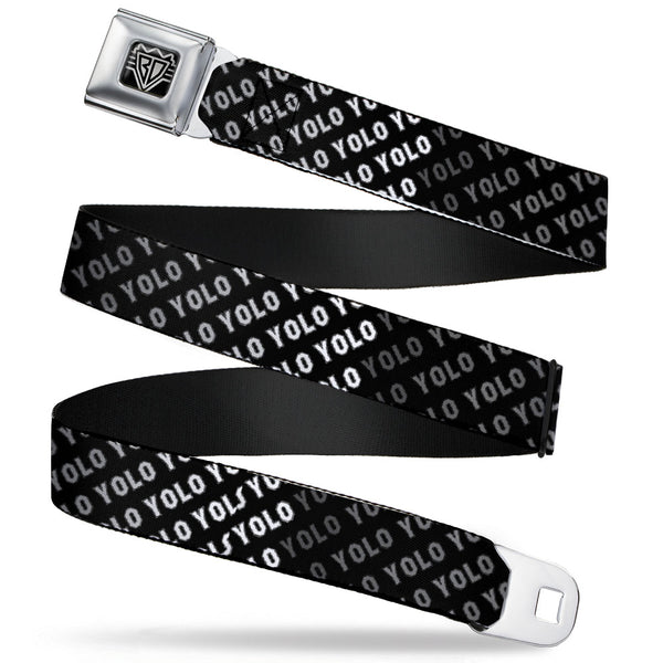 buckle down BD Wings Logo CLOSE-UP Full Color Black Silver Seatbelt Belt - YOLO Diagonal Black/Gray/White Webbing