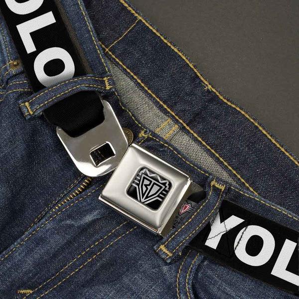 Buckle Down BD Wings Logo CLOSE-UP Full Color Black Silver Seatbelt Belt - YOLO Black/White Webbing